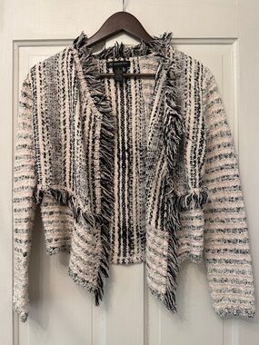 INC International Concepts Fringe Open-Front Striped Cardigan - Cream & Black